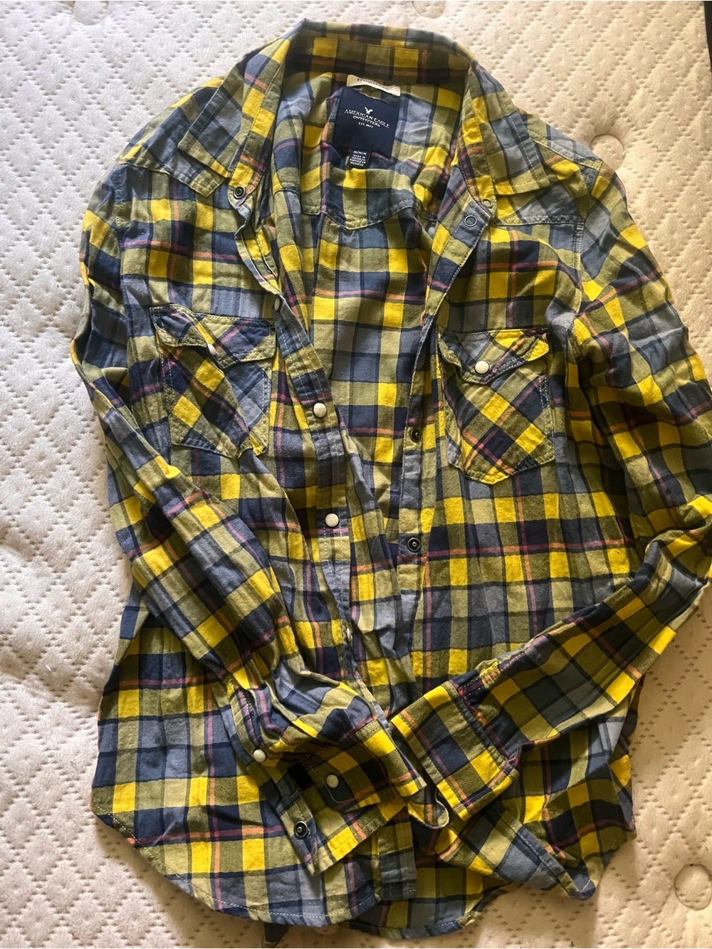 American Eagle Outfitters Yellow and Gray Plaid Button-Down Shirt